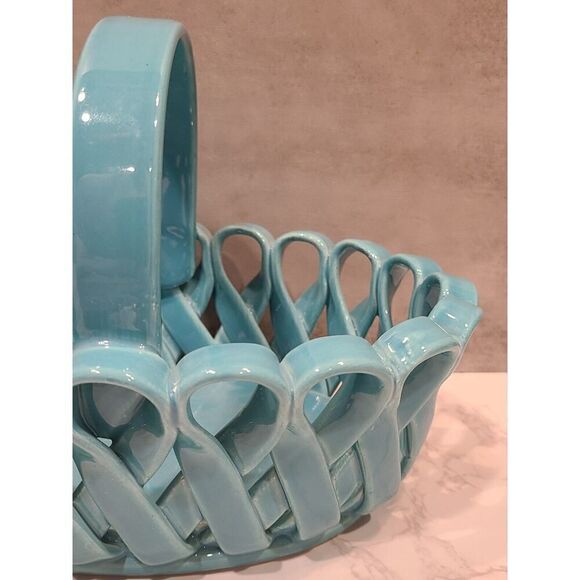Dept. 56 Ceramic Woven Basket Turquoise Vintage Made In Italy 9" x 6" x 6.25" - Picture 6 of 9